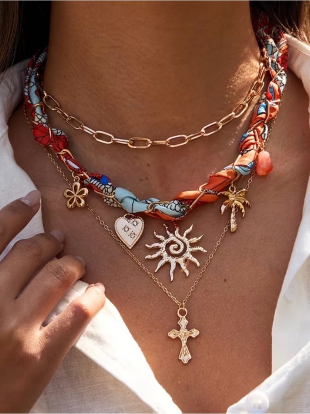 ☀️BOGOHO☀️Layered Sun & Cross Necklace Set with Orange & Blue Scarf Accent